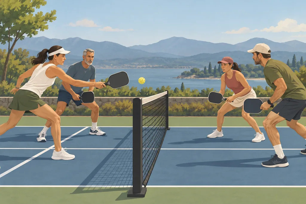 Séquence de deux joueurs de pickleball qui avancent progressivement vers le filet pendant un échange.