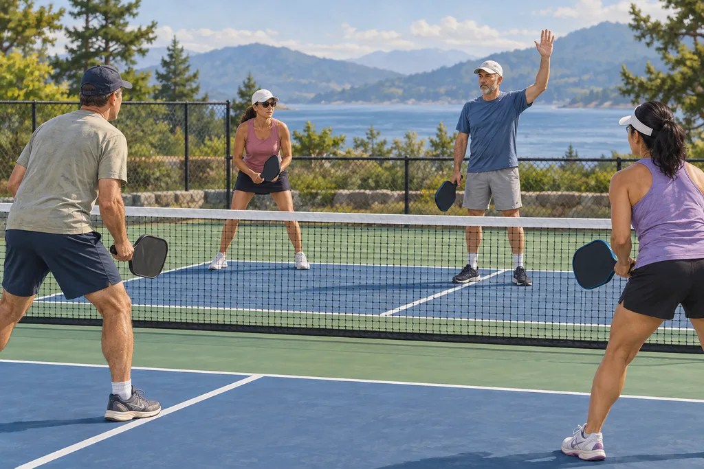 Deux joueurs de pickleball face à face près du filet qui échangent à voix haute avant le service.