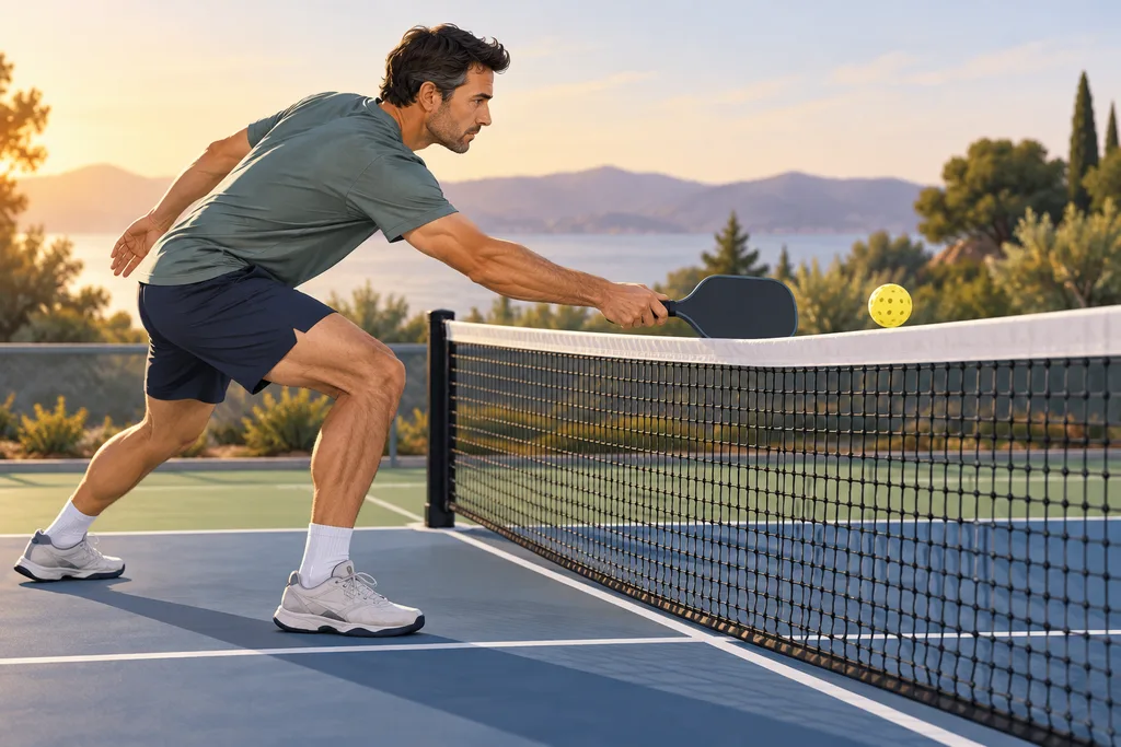 Joueur de pickleball près du filet frappant doucement une balle dans la zone adverse.