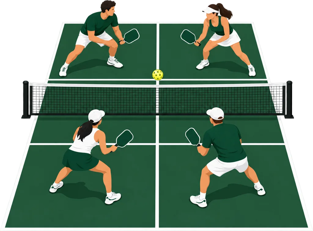 Illustration sobre de deux équipes de deux joueurs face à face de part et d'autre du filet, près de la zone de non-volée, sur un court de pickleball.