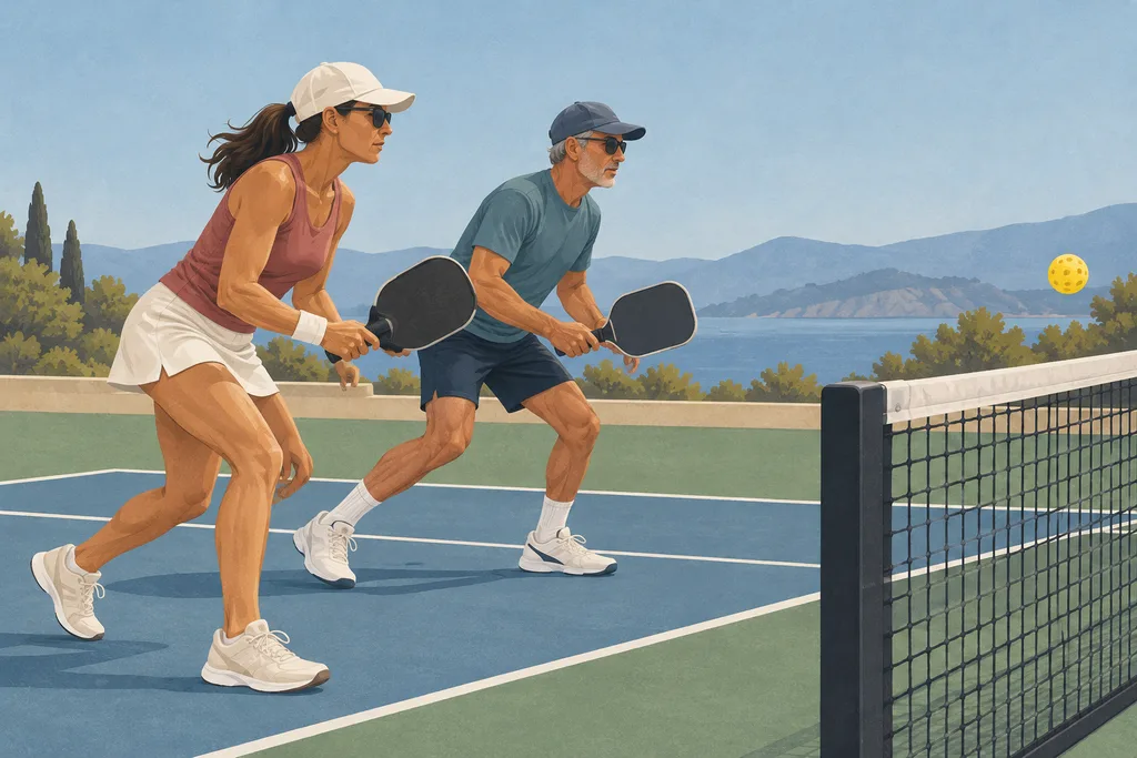 Deux joueurs de pickleball avançant de concert vers le filet après une frappe.