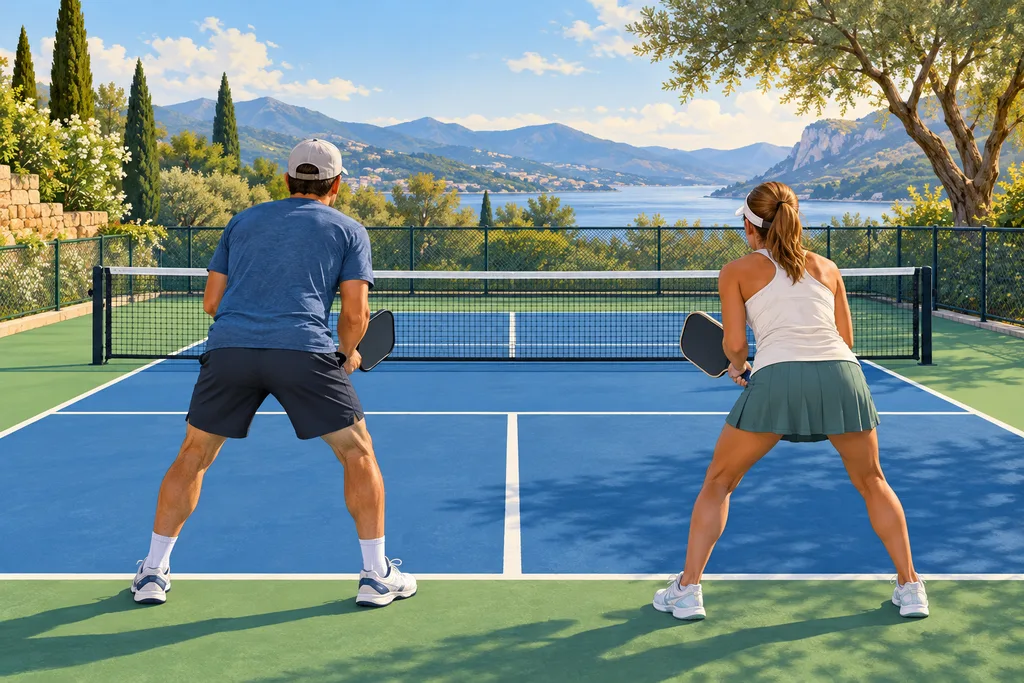 Deux joueurs de pickleball côte à côte, alignés sur un même plan, de l'autre côté du filet.