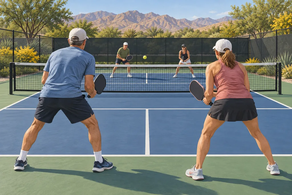 Deux joueurs de pickleball côte à côte, alignés sur un même plan, de l'autre côté du filet.