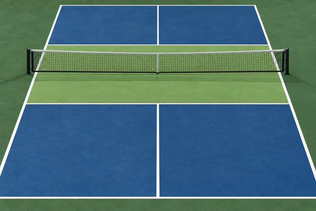 Vue de dessus d'un terrain de pickleball avec la zone de non-volée près du filet mise en évidence.