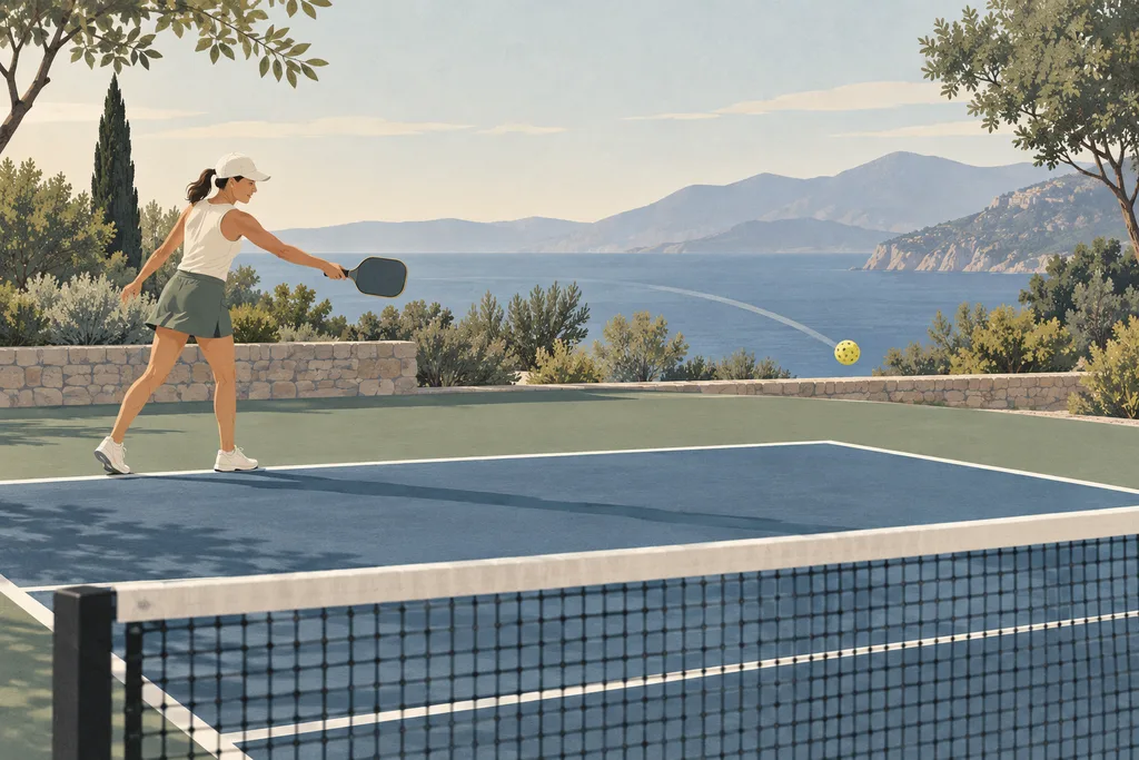 Joueur de pickleball au fond du court exécutant un geste d'amorti, balle en arc léger.