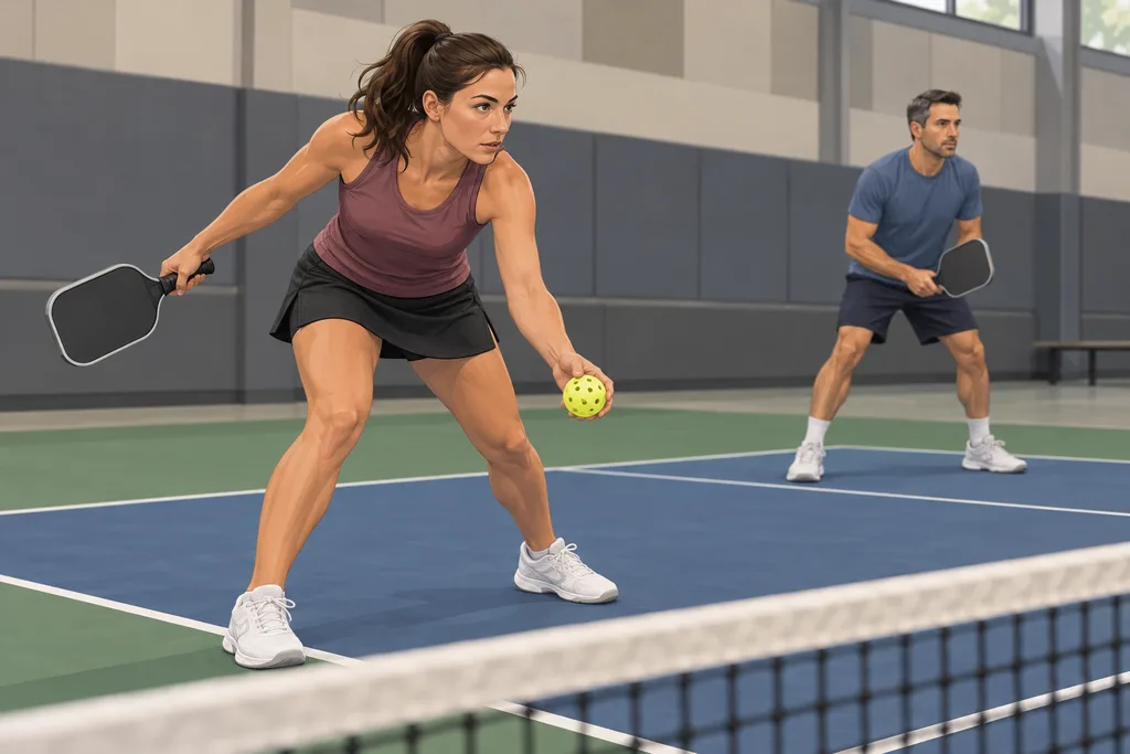 Joueur de pickleball sur la ligne de fond s'apprêtant à servir sous la main, partenaire à ses côtés.