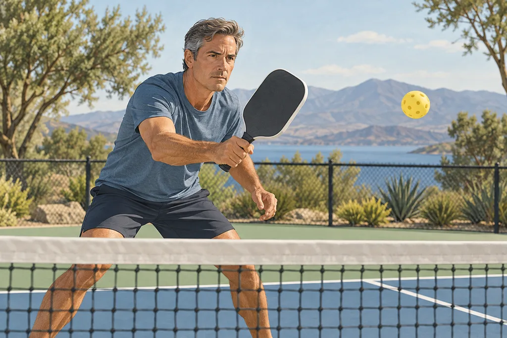 Joueur de pickleball au filet raquette devant lui, en position de volée défensive.